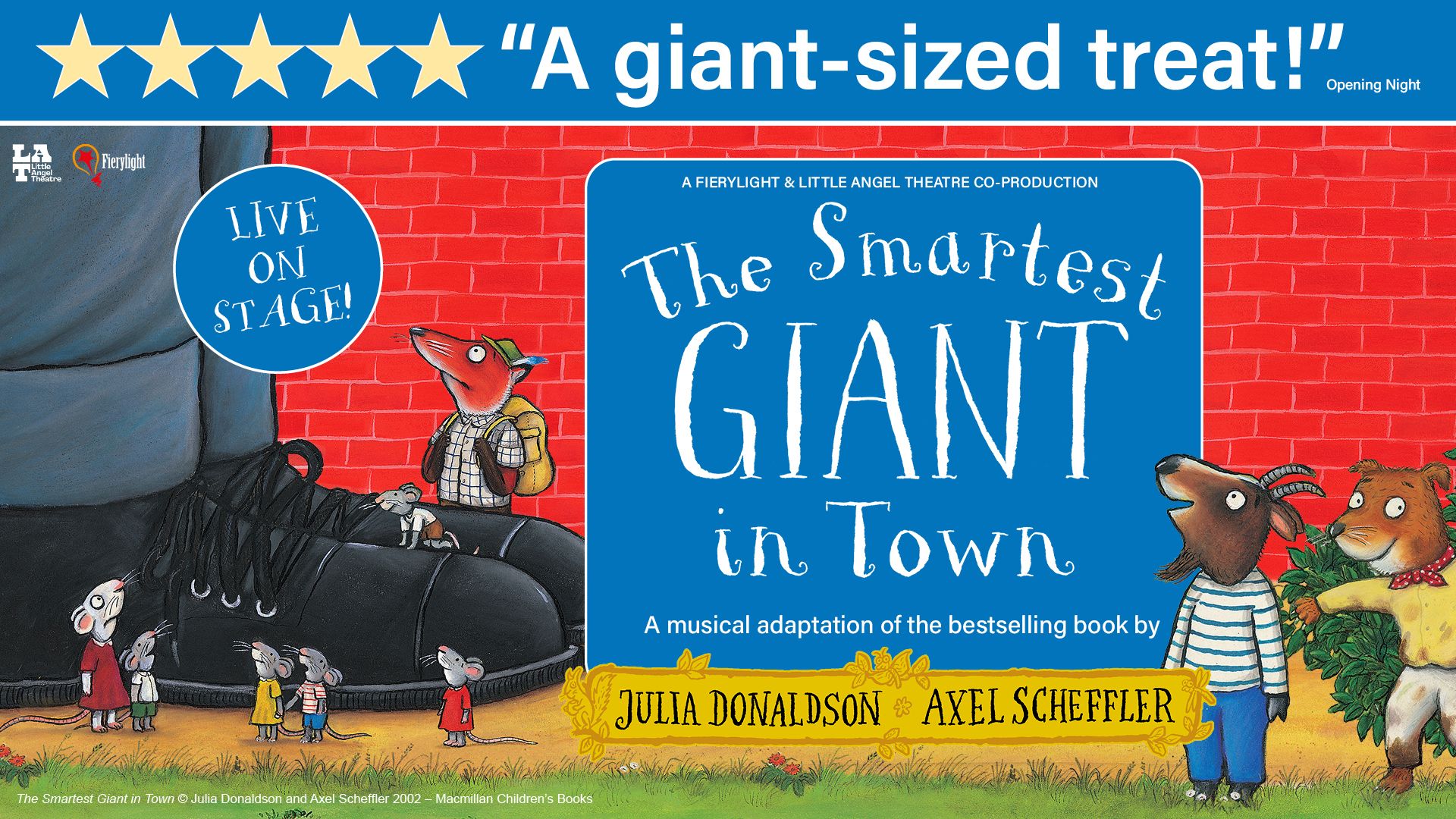 Promotional artwork for The Smartest Giant in Town, featuring animal characters beside a giant’s shoe and coat.