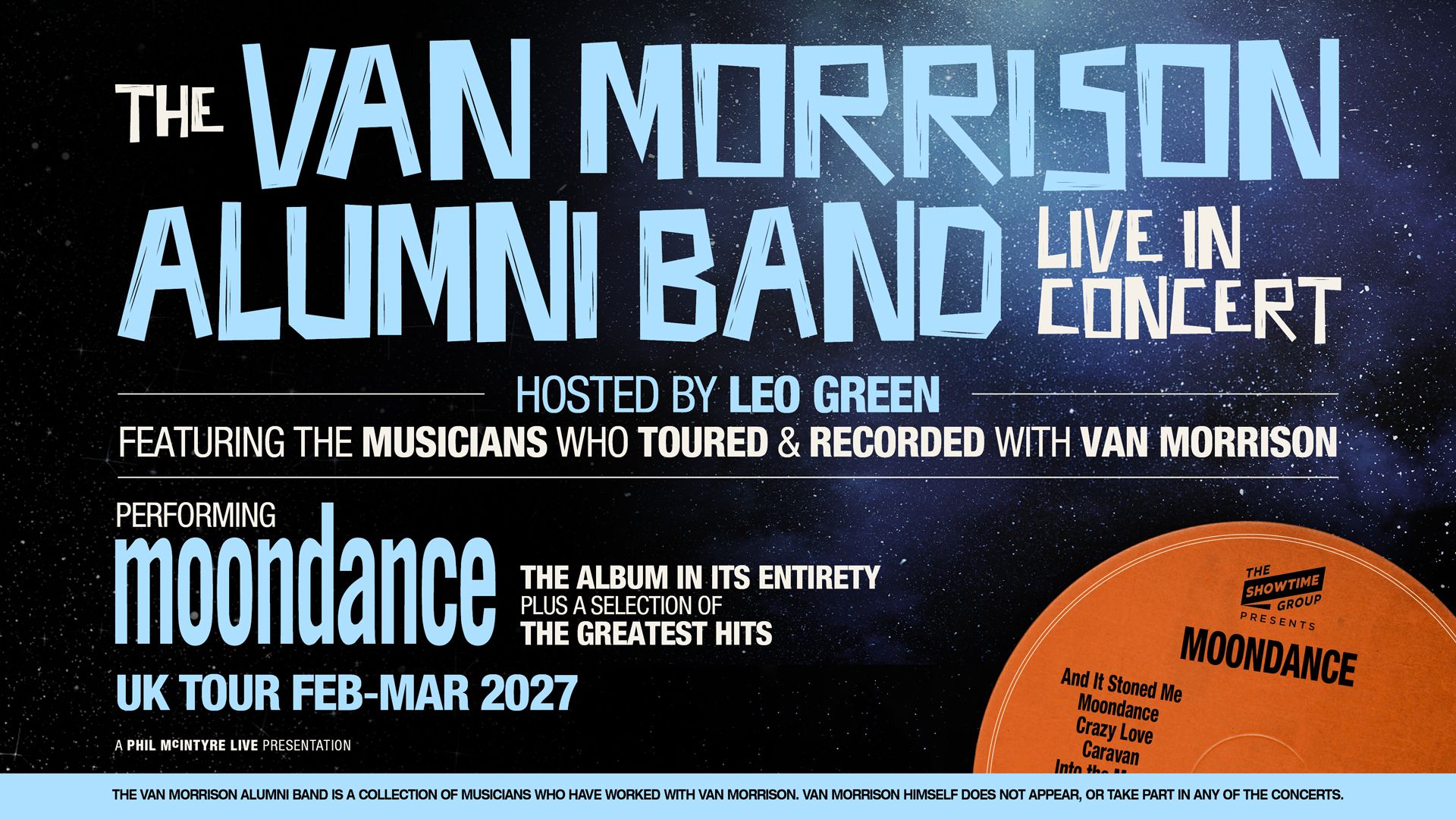 Promotional artwork for The Van Morrison Alumni Band performing Moondance live in concert on a 2027 UK tour.