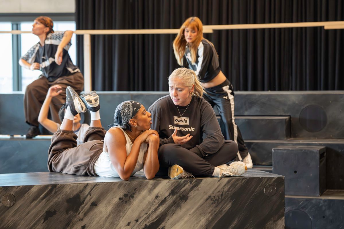 Collette Guitart (Clementine Churchill/Julia Scurr) & Claudia-Rose Carlier (Swing) Foreground - Ellena Vincent (Christabel Pankhurst) and Kirstie Skivington (Adela Pankhurst) in rehearsals for Sylvia: A Musical Revolution.