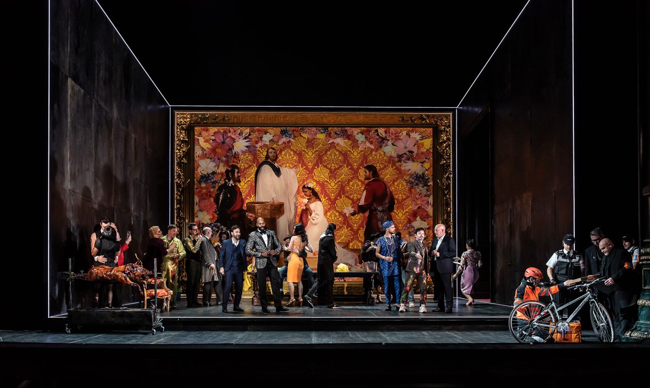 Roman Arndt as Duke of Mantua, Eric Greene as Rigoletto, Themba Mvula as Marullo, Ross McInroy as Count Ceprano and Campbell Russell as Borsa, with the Chorus of Opera North