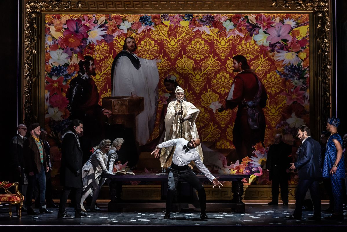 Sir Willard White as Monterone (top), Callum Thorpe as Sparafucile, Eric Greene as Rigoletto, Roman Arndt as Duke of Mantua and Themba Mvula as Marullo