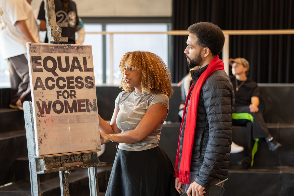 Naomi Katiyo (Sylvia Pankhurst) and Tachia Newall (Keir Hardie/Lord Cromer) in rehearsals for Sylvia: A Musical Revolution.